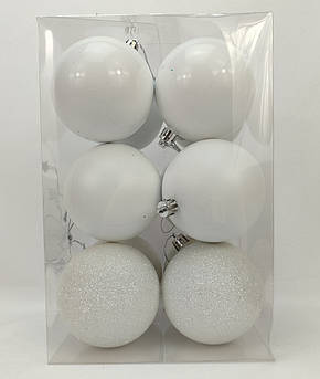 Набір ялинкових іграшок кулі 4 в 3 матова, глянсова, з блискітками, в пакуванні 12 штук, d 8 см, пластик Білий