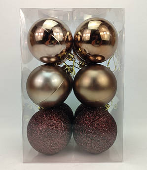 Набір ялинкових іграшок кулі 4 в 3 матова, глянсова, з блискітками, в пакуванні 12 штук, d 8 см, пластик Коричневий