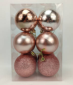 Набір ялинкових іграшок кулі 4 в 3 матова, глянсова, з блискітками, в пакуванні 12 штук, d 8 см, пластик Пудра