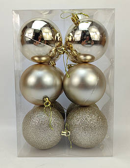 Набір ялинкових іграшок кулі 4 в 3 матова, глянсова, з блискітками, в пакуванні 12 штук, d 8 см, пластик Айворі