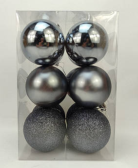 Набір ялинкових іграшок кулі 4 в 3 матова, глянсова, з блискітками, в пакуванні 12 штук, d 8 см, пластик Графіт