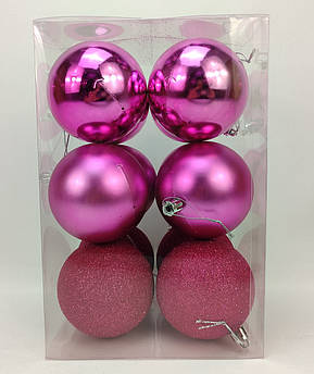 Набір ялинкових іграшок кулі 4 в 3 матова, глянсова, з блискітками, в пакуванні 12 штук, d 8 см, пластик Малиновий