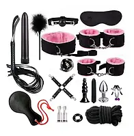 БДСМ набор секс игрушек 19 предметов для ролевых игр розово-черный фетиш кляп наручники анальна пробка маска