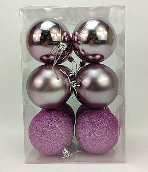 Набір ялинкових іграшок кулі 4 в 3 матова, глянсова, з блискітками, в пакуванні 12 штук, d 8 см, пластик Фіолетовий