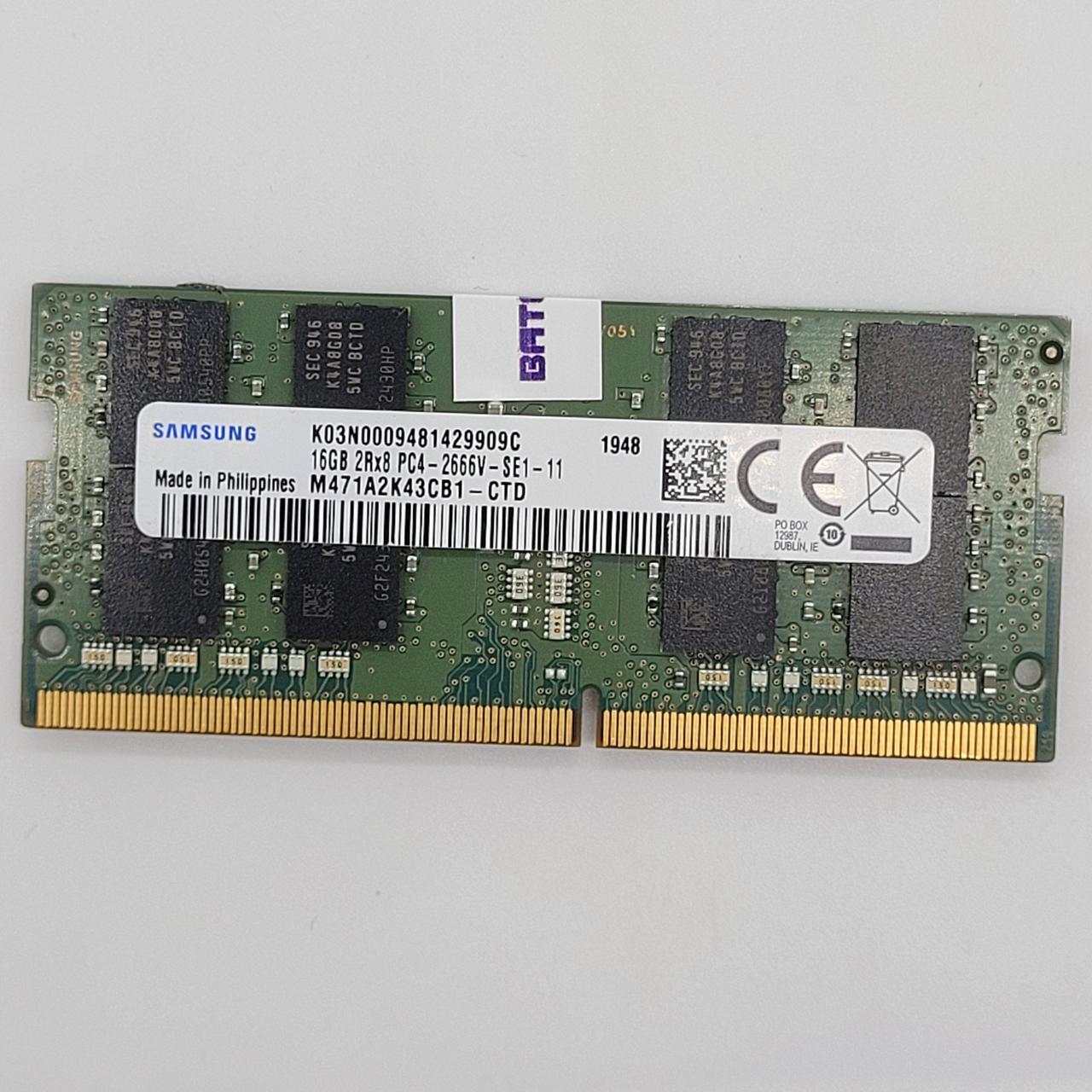 Оперативна пам'ять для ноутбука Samsung SODIMM DDR4 16Gb 2666MHz PC4-21300 CL19 (M471A2K43CB1-CTD) Б/В
