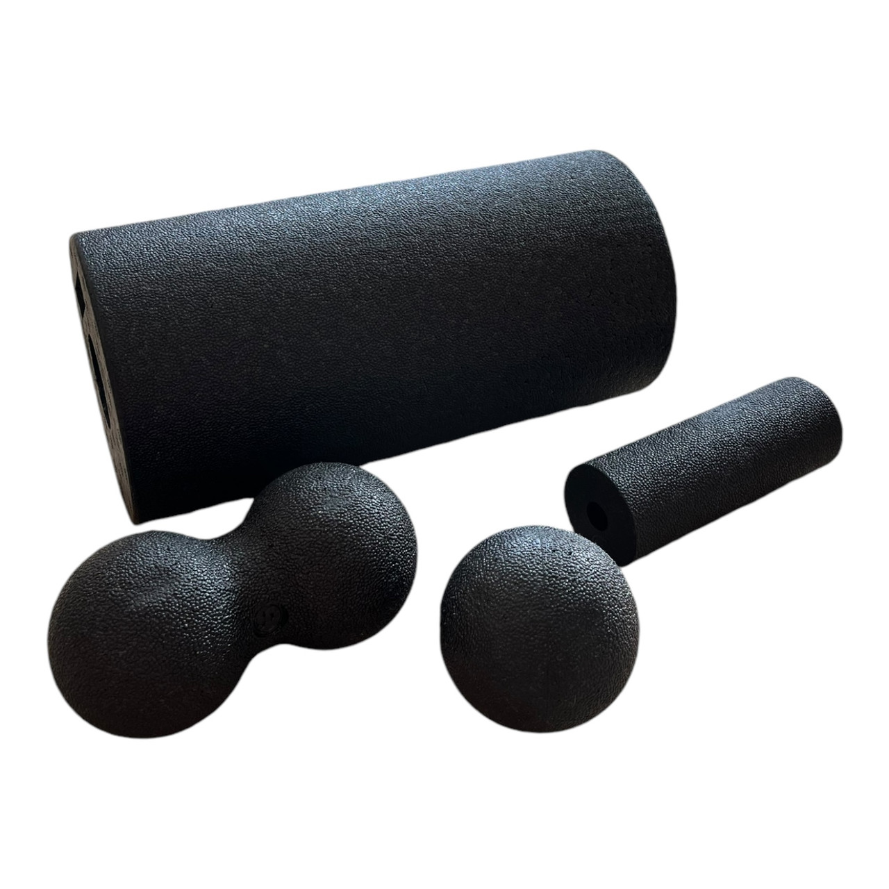 Масажний набір для фітнесу 4 шт: Ролик, міні-ролик, подвійний м'яч, м'яч (Чорний), фото 1