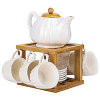 Набір із 6 чашок і чайника на бамбуковій підставці "Біла симфонія", 26 см