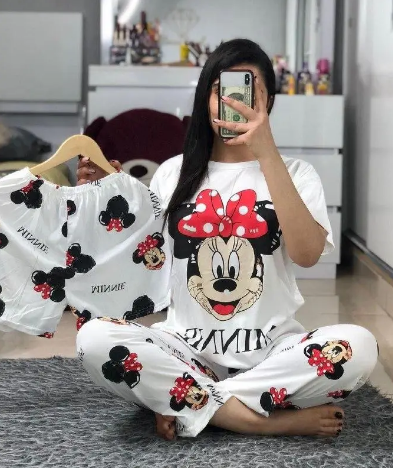Жіноча піжама з бамбукової тканини білого кольору з принтом Minnie 3 в 1, Бамбукова жіноча піжама 3в1