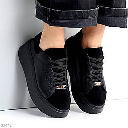 Молодіжні чорні прошиті кросівки натуральна шкіра + замша на платформі