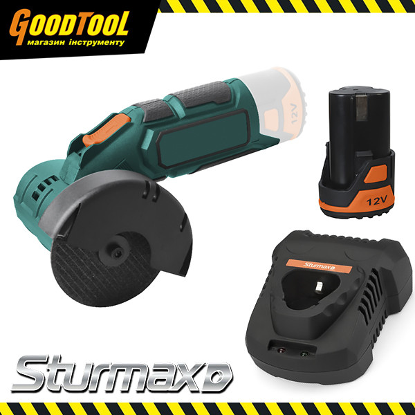 Кутова шліфувальна машина акумуляторна 76мм 12В Sturmax AGM9076CL + Акумулятор 12В 2Аг + Зарядний пристрій, фото 1
