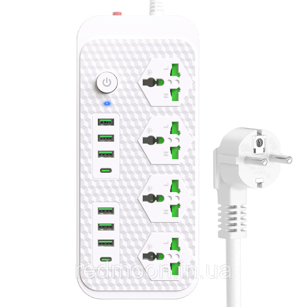 Мережевий фільтр подовжувач 2м 3000Вт (6×USB, 4×220В, 2×Type-C), J08, Білий / Подовжувач-перенесення з USB, фото 1