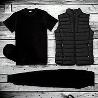 Утеплений спортивний костюм чоловічий на флісі зимовий комплект із жилеткою штани кепка та футболка
