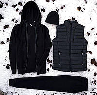 Утеплений чоловічий спортивний зимовий костюм на флісі Комплект з жилеткою кофта штани кепка і футболка