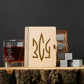 Камені для віскі "ЗСУ Герб" 6 штук у дерев'янній подарунковій коробці