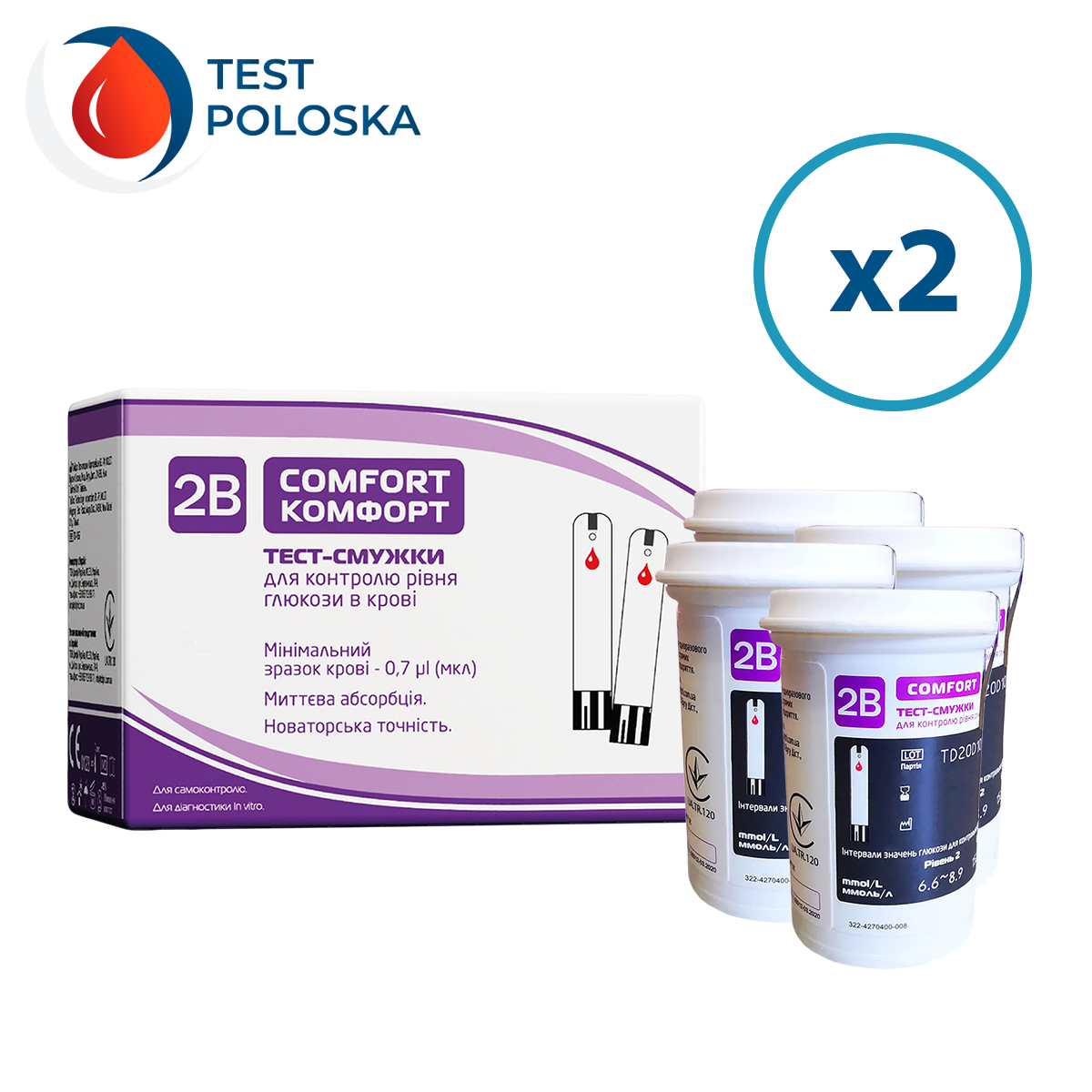 Тест-смужки Тубі Комфорт (2B Comfort) 100 шт. у 4 флаконі по 25 шт. в упаковці