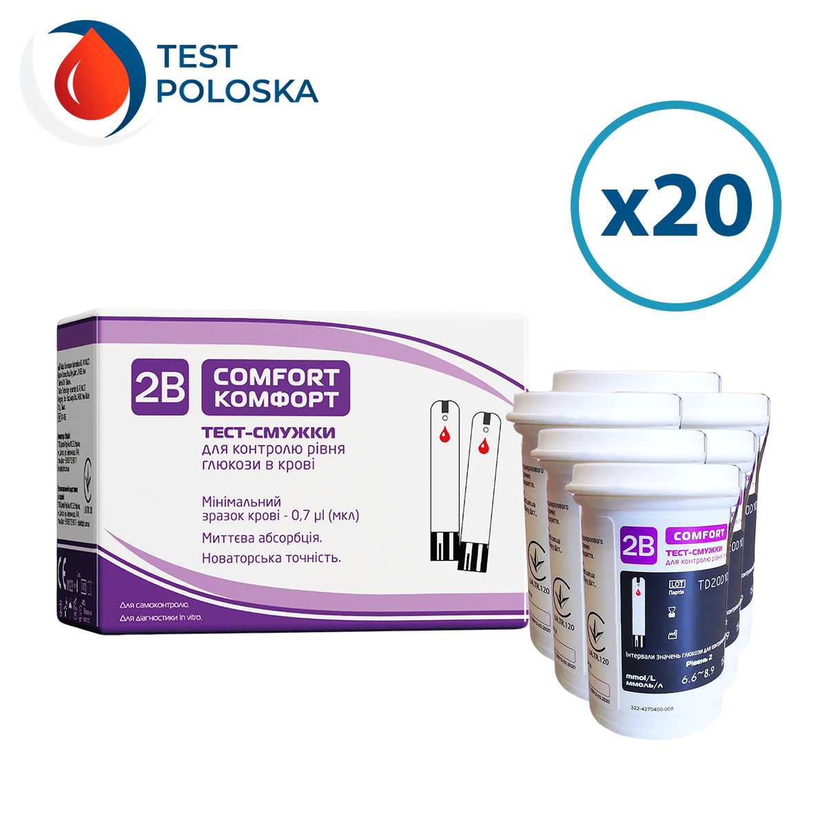 Тест-смужки Тубі Комфорт (2B Comfort) 1000 шт. у 40 флаконі по 25 шт. в упаковці