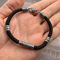 Шелковый плетеный мужской браслет со вставками из серебра 925 пробы