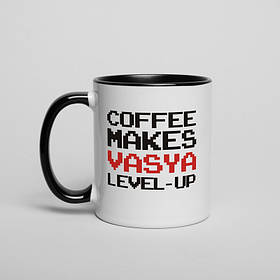 Чашка "Level up" іменна, Чорний, англійська, Крафтова коробка, 330 мл