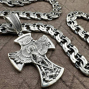 Срібний комплект ланцюжок плоский бісмарк з хрестом Архангел Михаїл срібло чорнене 925 проби
