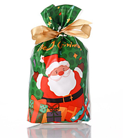 Пакет подарунковий зелений з малюнком Дід мороз подарунки і стрічкою затяжкою новорічний 23х15х3 см 1 шт