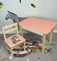 Столик дитячий з ящиком та стільчик персиковий з зайчиком