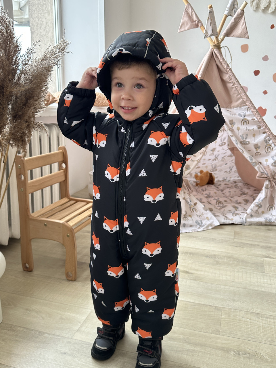 Комбінезон зимовий суцільний дитячий теплий на флісі 80 86 92 98 розмір з капюшоном