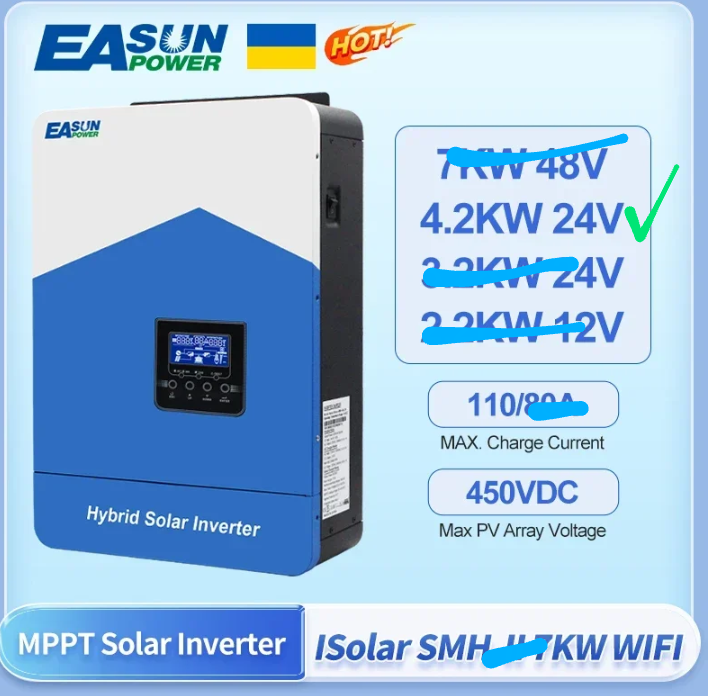 Гібридний інвертор EASUN 4.2Kw 24V 110A MPPT, фото 1