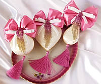 Новорічні іграшки з оксамиту зі стразами набір молочний з рожевим