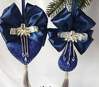 Ялинкова прикраса зі стразами з оксамиту Серце синє зі сріблом