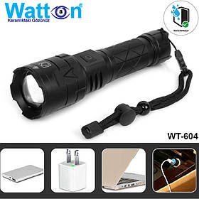 Ліхтарик тактичний акумуляторний WATTON WT-604, кишеньковий ліхтар із USB зарядкою та функцією Powerbank