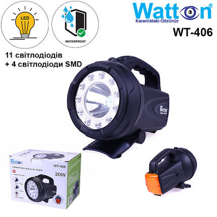 Потужний ліхтар акумуляторний Watton WT-406 прожектор для полювання, туризму, дальність 350-400 м з ременем для переносу, фото 1