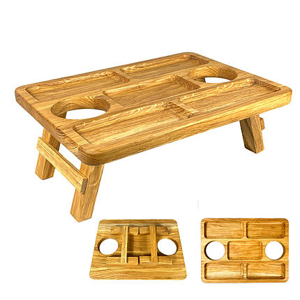 Дерев'яний піднос на ніжках з місцем для келихів та 5 заглибок для закусок, 38*28*14 см, дерево Черешня, фото 1