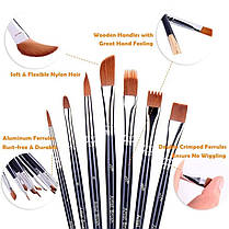 Набір нейлонових пензлів для малювання, 12 шт з дерев'яною ручкою, для акварелі, акрилу, олійного живопису, фото 4