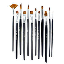Набір нейлонових пензлів для малювання, 12 шт з дерев'яною ручкою, для акварелі, акрилу, олійного живопису, фото 5