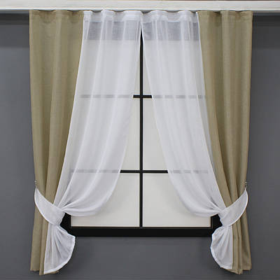 Кухонні шторки (240х160см.) з підв'язками. Колір бежевий з білим. Код 109к 59-965