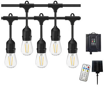 Гірлянда з ретро-лампочками LED Edison, пультом дистанційного керування, сонячною панеллю та можливістю зарядки від мережі