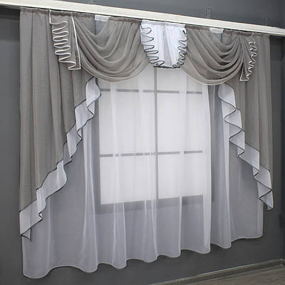 Кухонний (200х170см.) ламбрекен з тюлю. Колір сірий з білим. Код 107к 52-0877