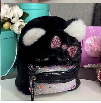 Рюкзак дитячий м'який пухнастий 23*21 см з паєтками на блискавці з кишенею Котик Luna