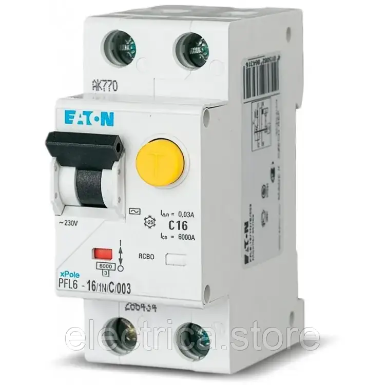 Диференційний автомат Eaton 2 полюси 16А/0,03мА кат.C PFL6-16/1N/С/003 286467, фото 1