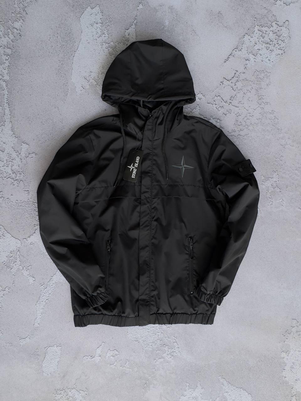 Чоловіча ветровка Stone Island чорна з капюшоном Куртка Стон Айленд з патчем весняна