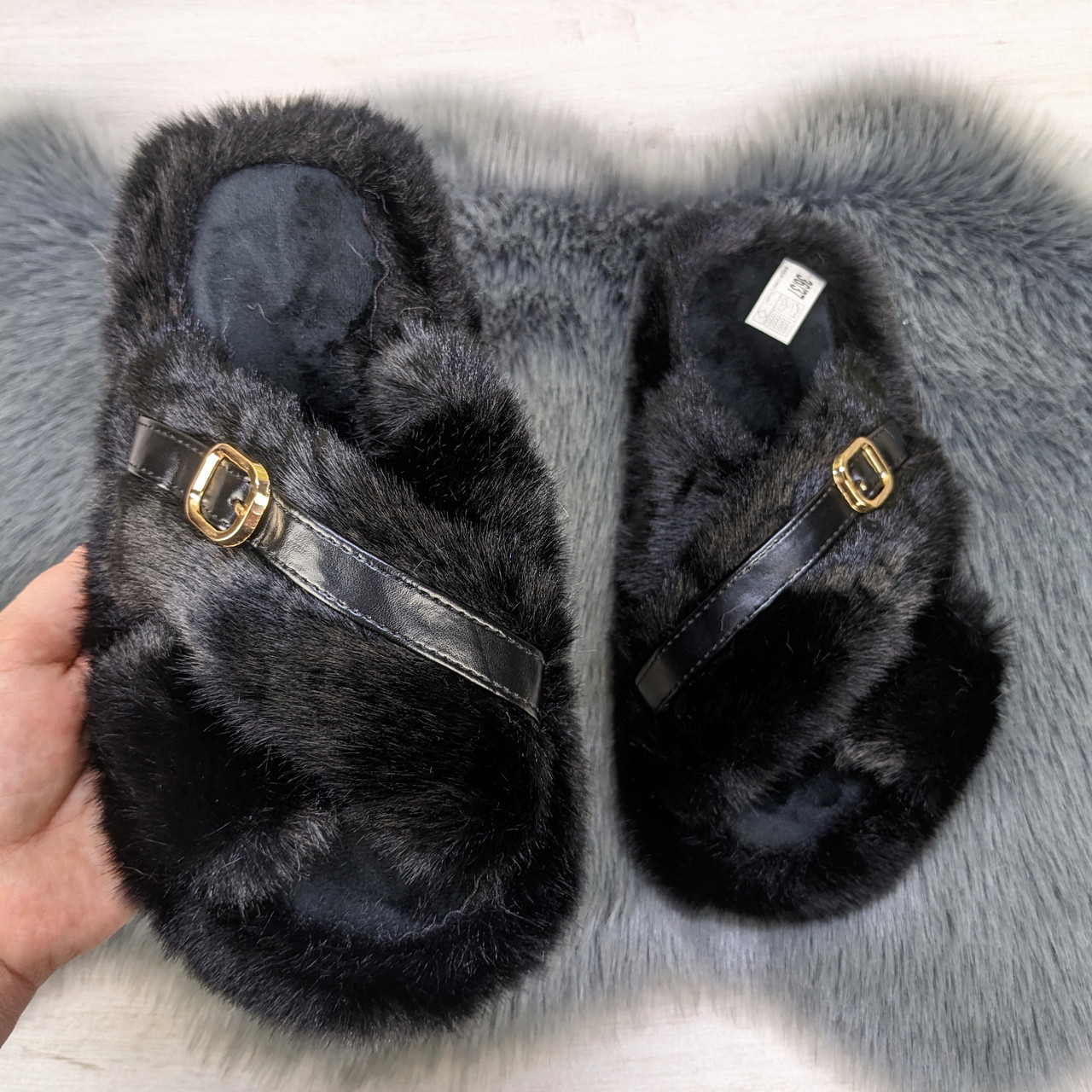 Капці хутряні жіночі з переплетенням чорні 4593, фото 1