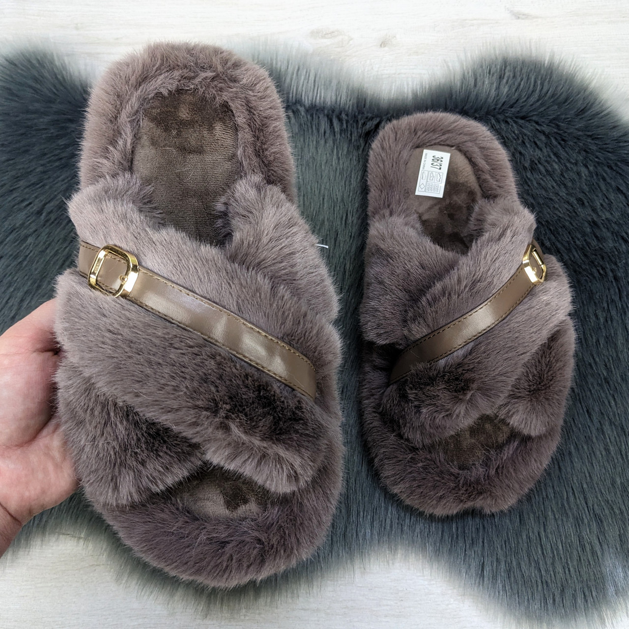 Капці хутряні жіночі з переплетенням коричневі 4593, фото 1