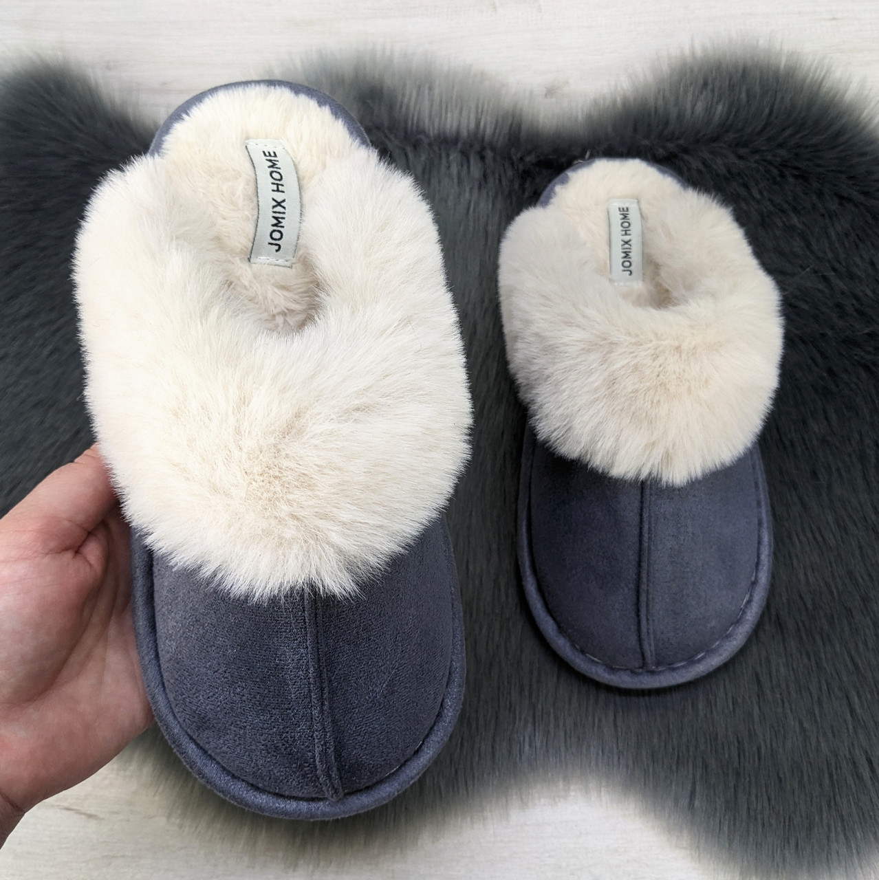 Тапочки жіночі домашні замшеві з хутряним опушенням сірі Jomix 4592, фото 1