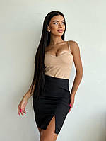 Укороченная юбка с разрезом на боку з костюмки, в расцветках и размерах Черный, 46/48