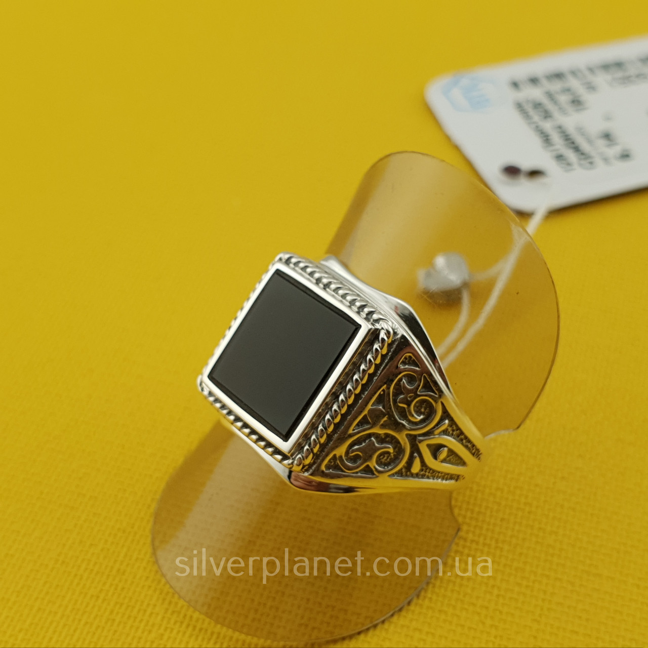 Класична чоловіча срібна печатка з великим чорним оніксом 24 розмір, фото 1