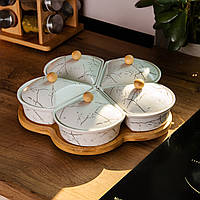 Менажниця з кришками 5 секцій на бамбуковій підставці що обертається