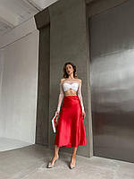 Шикарная атласная юбка миди свободного кроя на высокой посадке красная розовая черная молоко 42-44 44-46