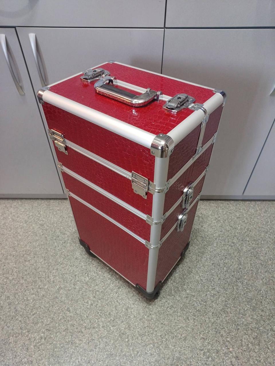 Бьюті-кейс, валіза майстра для косметики на колесах великий трансформер, ягідний крокодил, фото 1