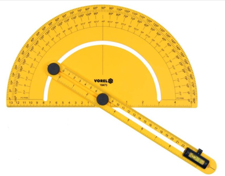 Транспортир-кутомір зі шкалою 0-180град і рухомим рівнем l=250 мм, пласиковий Vorel 18473