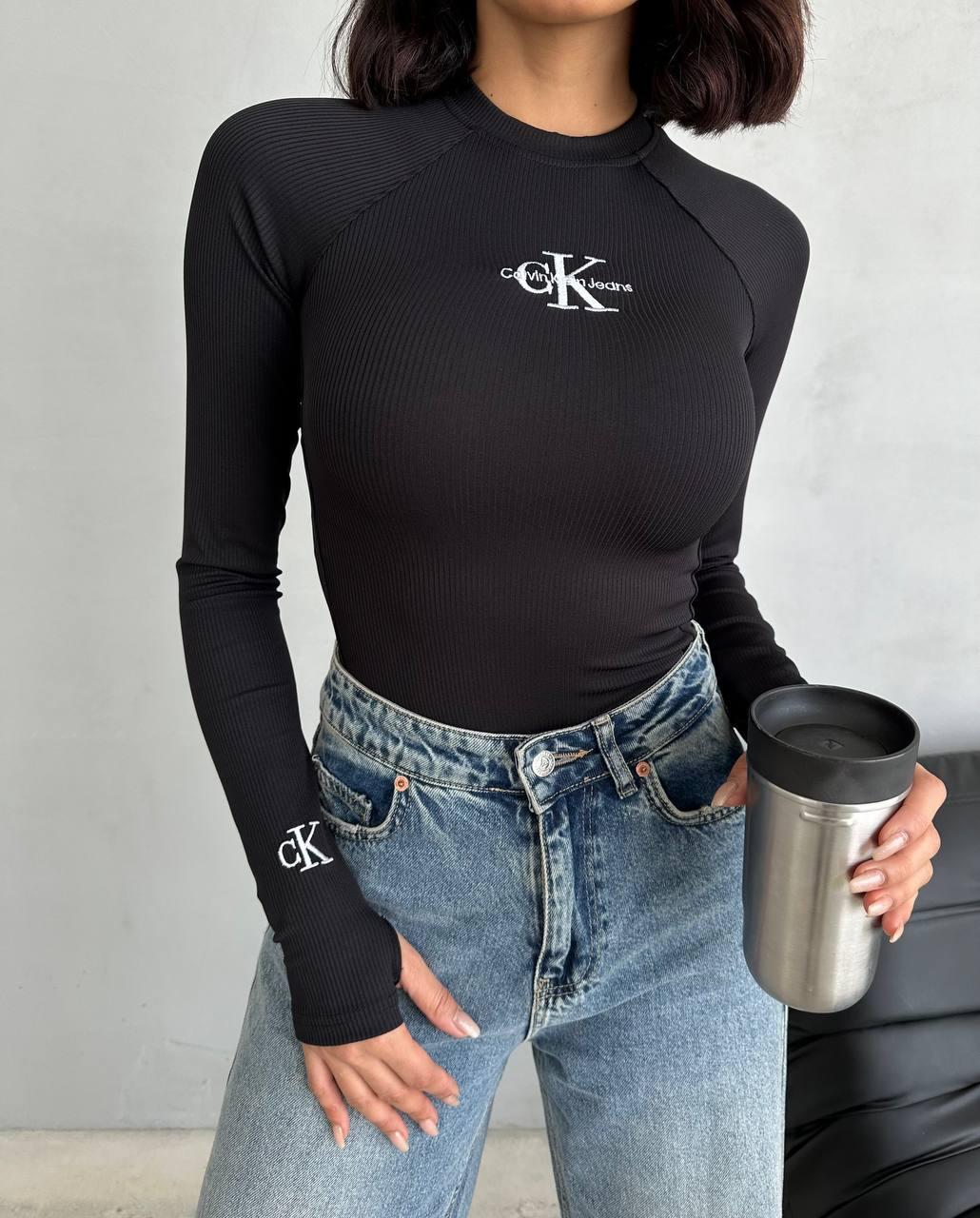 Жіночий базовий лонгслів рубчик осінній лонг Calvin Klein обтягуючий кроп топ довгий рукав кофта вололазка